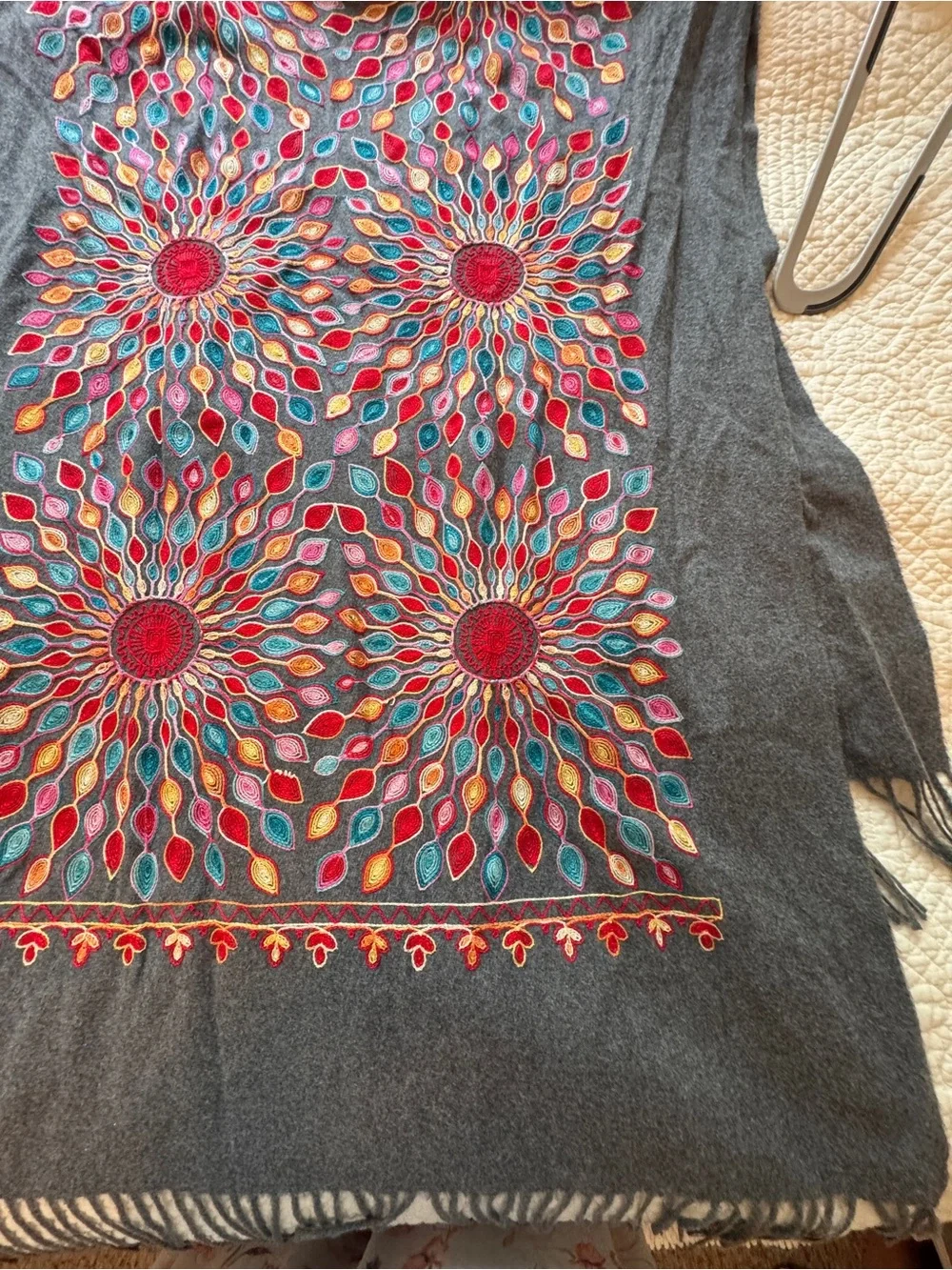 Soft Gray Scarf with Multicolor Sunburst Embroidery patterns like new